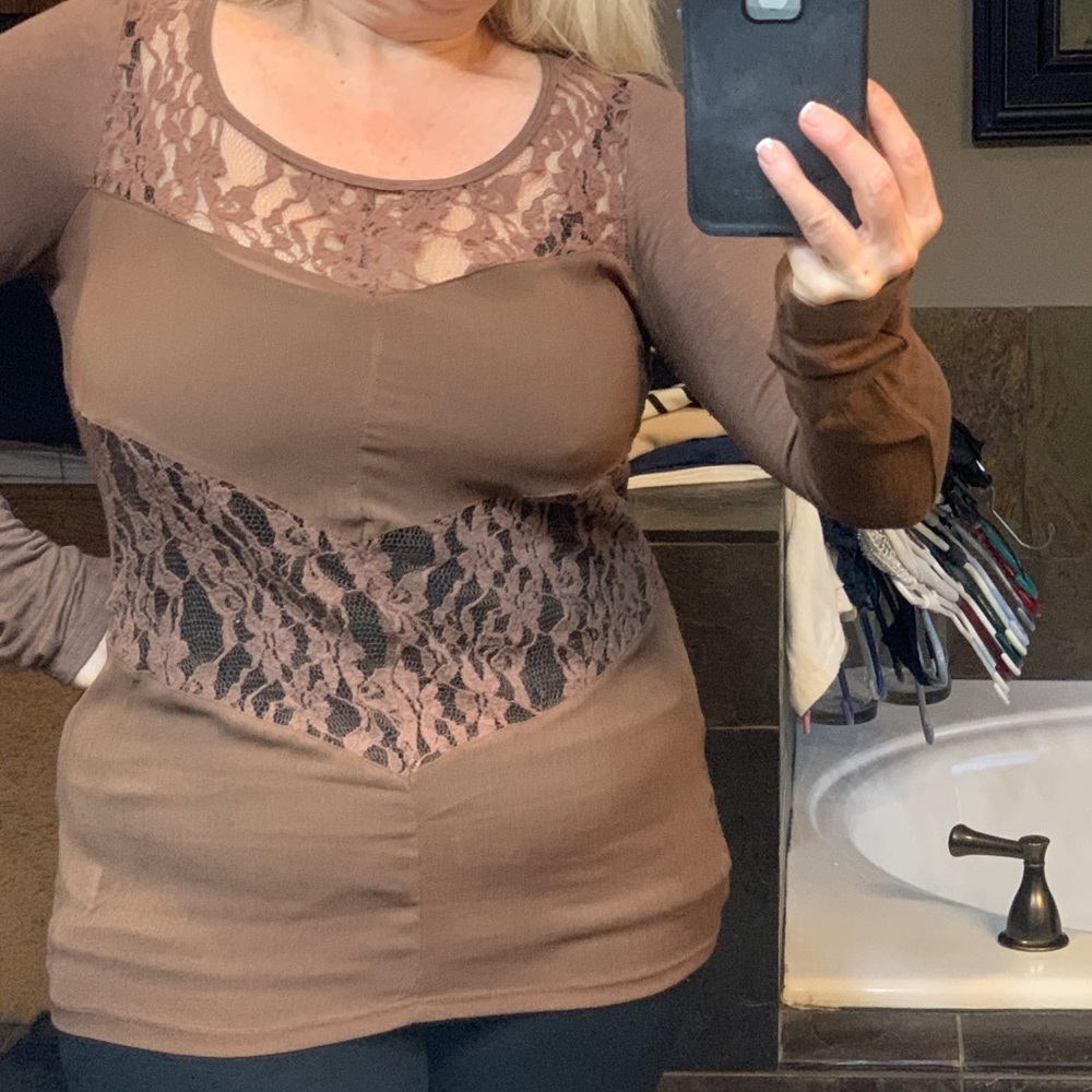 Jolt L large lace see through boutique top brown